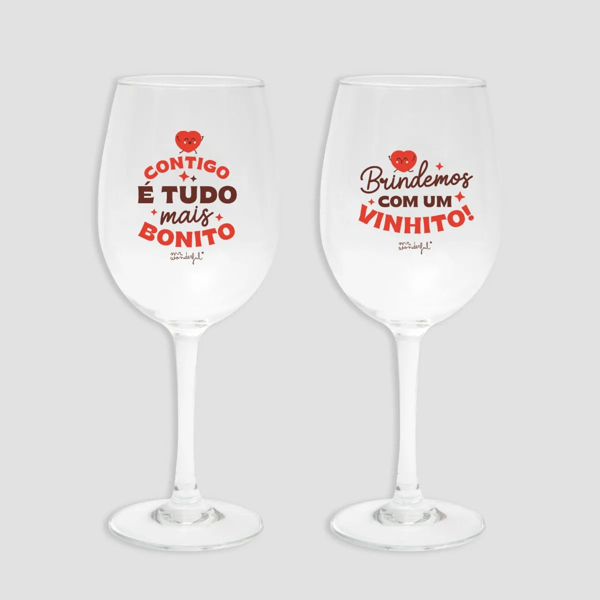 Kit de 2 copos de vinho - Contigo é tudo mais bonito. Brindemos com um vinhito!