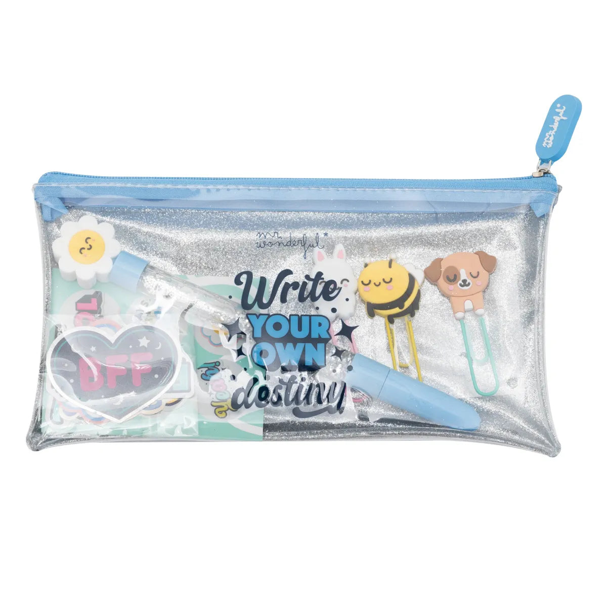 Mr. Wonderful | Pack de estojo + caneta + clipes + autocolantes glitter | Write your own destiny